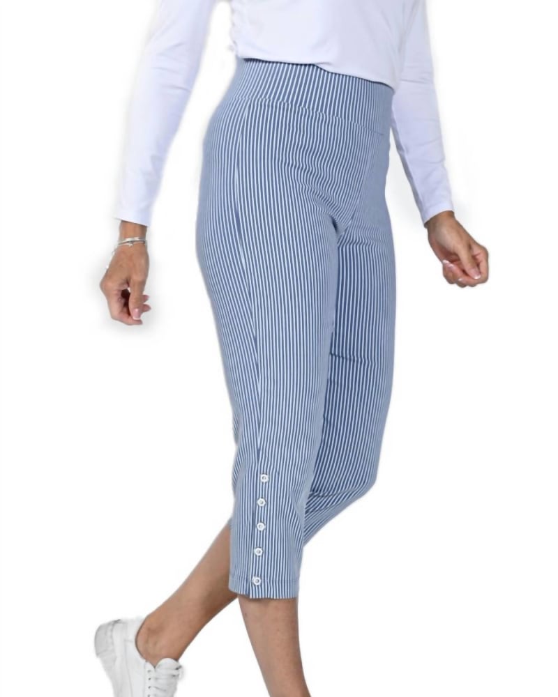 Front of a model wearing a size 12 Button-Detail Capri Pant In Blue/White in Blue/White by Frank Lyman. | dia_product_style_image_id:351160